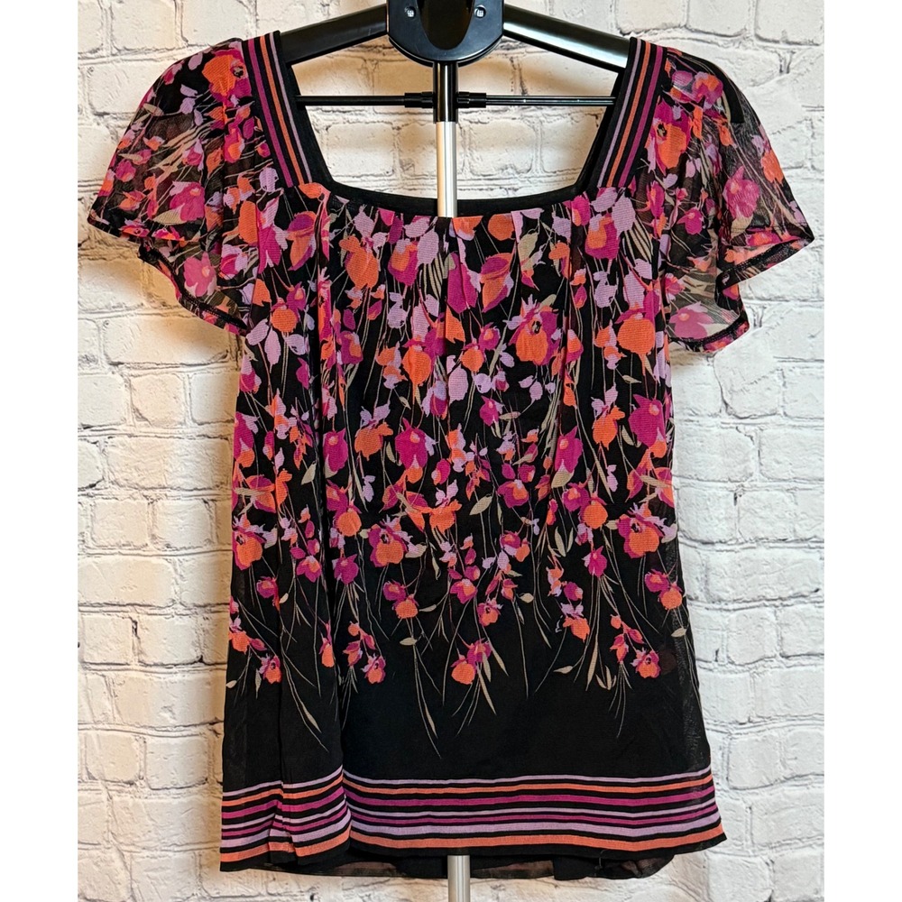 Apt. 9 Womens XL Floral Mesh Blouse Square Neck Short Sleeve Pink Orange Black